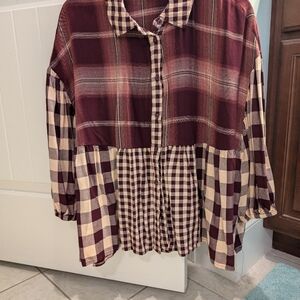 Cato Fashion Blouse.  Large. Burgundy Plaid